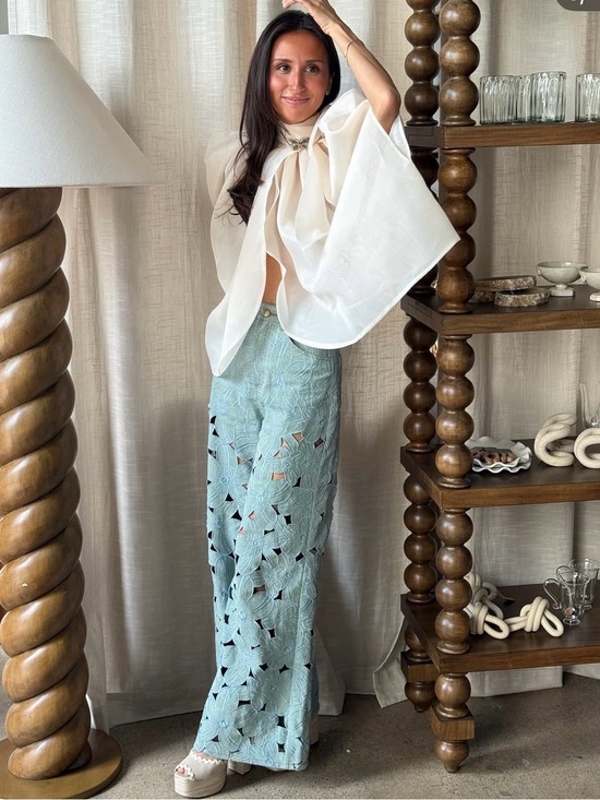 Cynthia Rowley Denim - Cynthia Rowley Floral Cutout Wide-Leg Jeans in Sage and Ivory